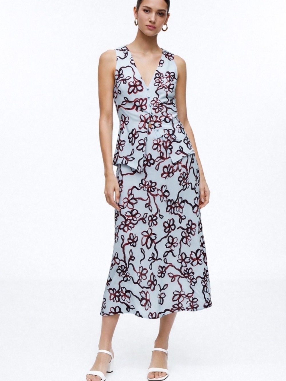 Madewell baby blue & burgundy floral slip skirt vest set